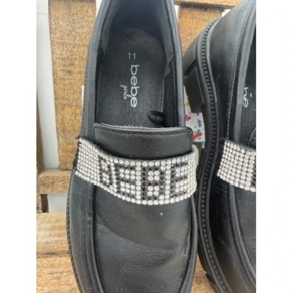 Bebe Girls Black‎ Lug Sole Loafers Rhinestone Logo Strap Size 11 Toddler Little